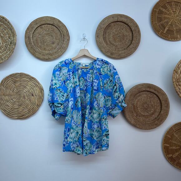 Chico's Blue White Shell Print Button Up Puff Sleeve Top Blouse 12 Summer - Picture 2 of 7